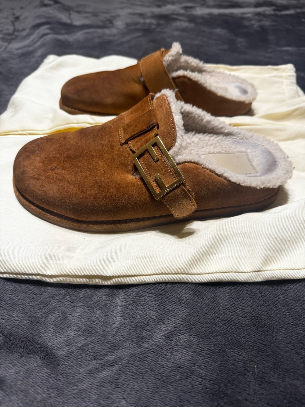 Fendi Tan Suede Shearling-Lined Mule with Gold Buckle